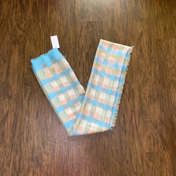 Nordstrom eyelash trim print cashmere and silk wrap in blue painterly plaid - Picture 9 of 15